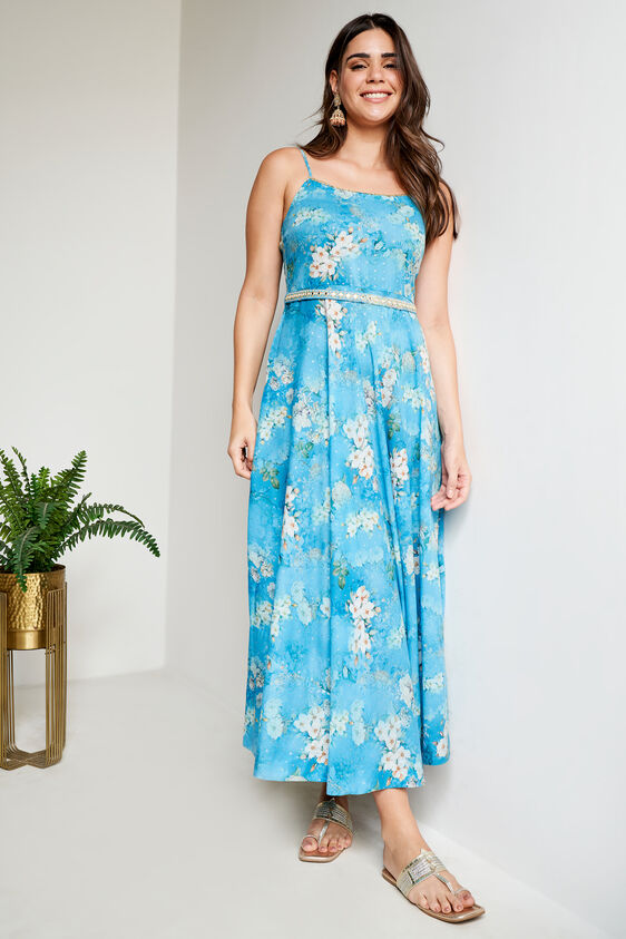 Blue Floral Flared Dress, Blue, image 1